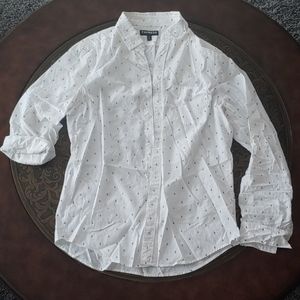 White button down with navy and orange anchors